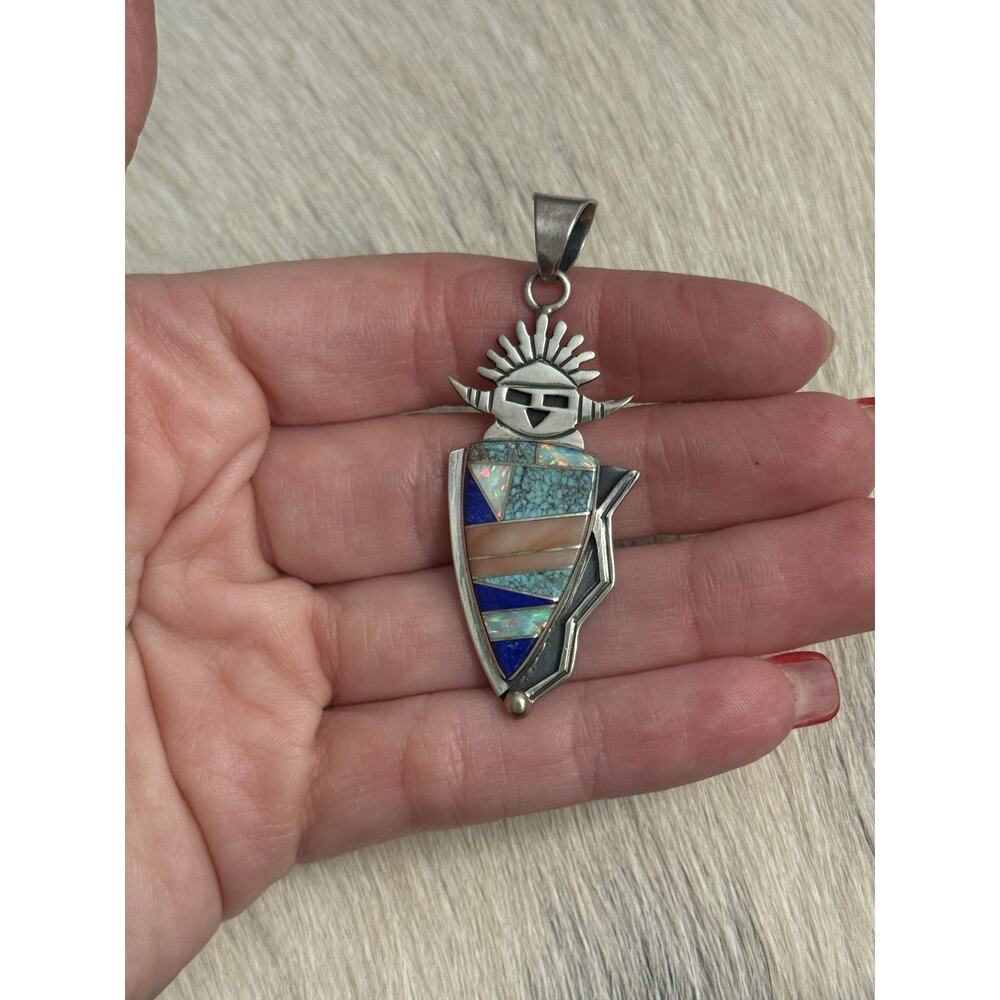 Zuni Sterling Silver Linette Laiwakete Turquoise Coral Opal Kachina Pendant LL